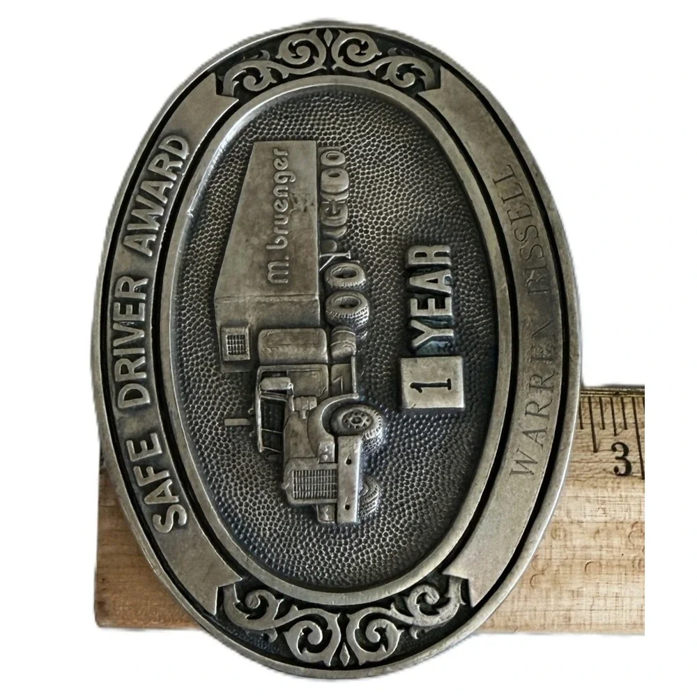 M. Bruenger Trucking 1981 Safe Driver Award Belt Buckle Solid Brass Vintage